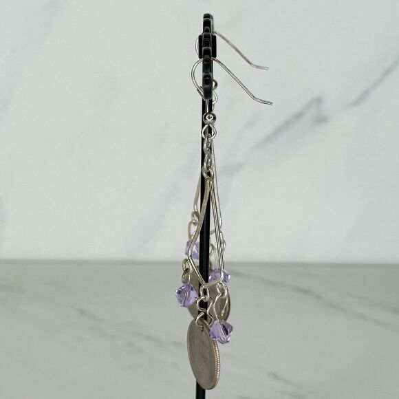 Purple Beaded US Dime Coin Dangle Earrings Pierced Pair - Picture 2 of 8